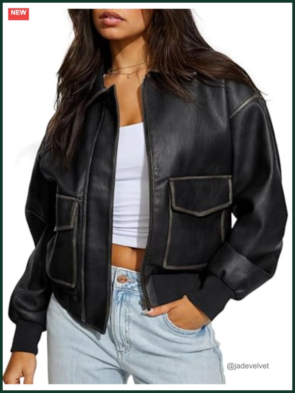 Faux Leather Oversized Motorcycle Bomber Jacket Women Zip Pockets